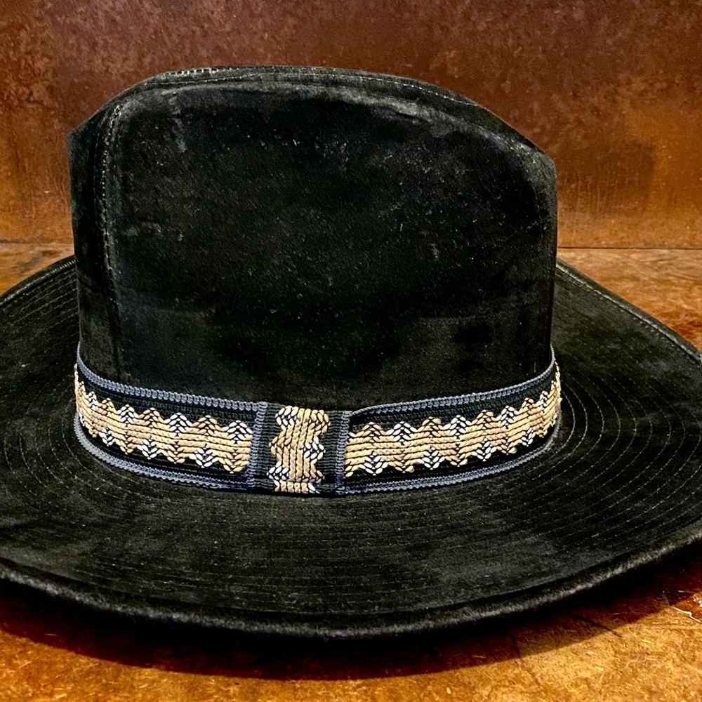 Black Velvet Wide-Brim Western Cowboy Hat with Decorative Woven Band 1970s